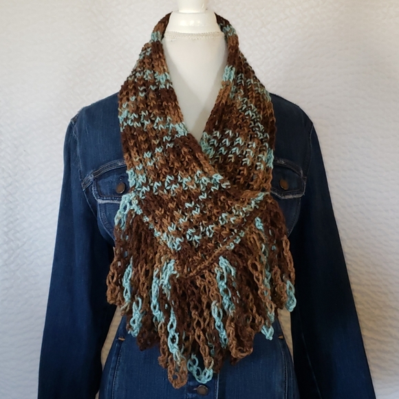 Handmade Knitted Scarf. Blue Brown Multicolored - Picture 3 of 5